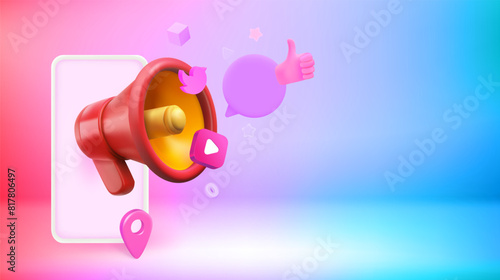 Smartphone with bullhorn. Vector 3d banner with copy space
