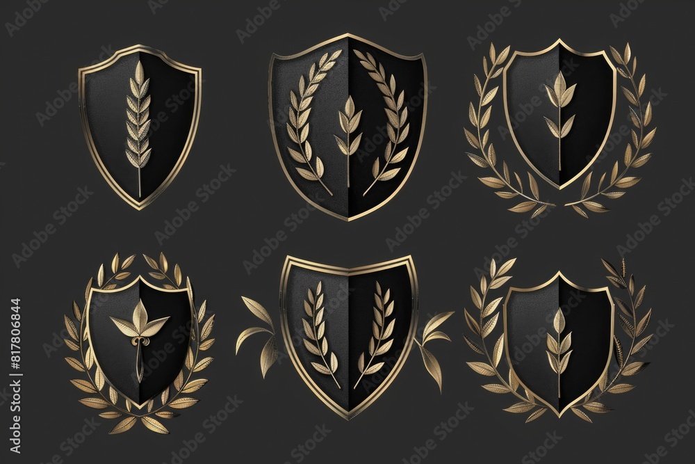 A set of four shields with laurels, perfect for awards and achievements A set of four shields with laurels, perfect for awards and achievements