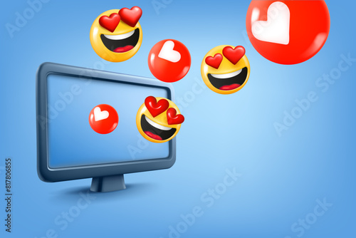 Social media reaction with emoji and red hearts. 3d vector illustration