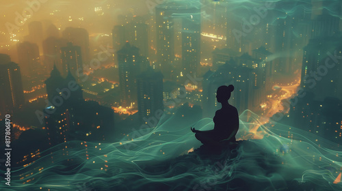 A person meditating, with city sounds visualized as waves around them, illustrating inner peace amidst urban chaos photo
