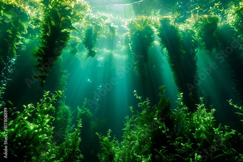 Seaweed forest landscape. Sunbeams coming from above. Bright scene. World ocean day