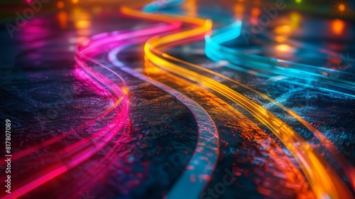 A road fork splitting into multiple colorful paths, each path glowing differently, representing lifes various choices and opportunities photo