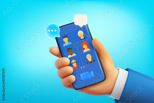 Video conference with team via modern smartphone. 3d vector illustration
