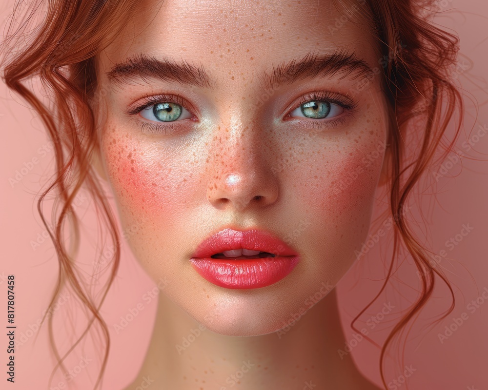 Makeup a beautiful girl surrounded by abstract makeup products in pastel and pink colors against a clean pink background Makeup a beautiful girl surrounded by abstract makeup products in pastel and pink colors against a clean pink background