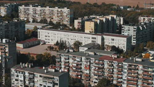 Drone shot of Aleko Konstantinov Primary School and surrounding buildings in Dimitrovgrad, Bulgaria photo