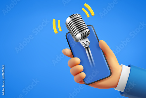 Man holding smartphone with audio podcast. 3d vector banner with copy space