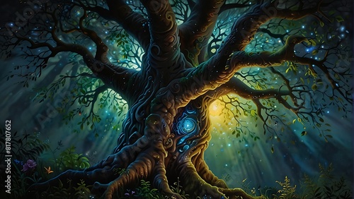 A whimsically twisted tree spirit with intertwining branches and glowing photo