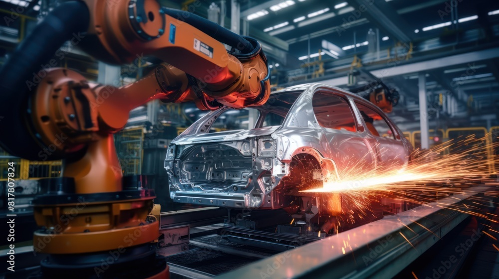 A robotic arm welds a car body on an assembly line in a factory. A robotic arm welds a car body on an assembly line in a factory.
