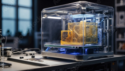 New startup in a laboratory or office on a dark window background. 3D technologies are opening up new opportunities in a variety of industries, from aerospace to healthcare. 3D printer development photo