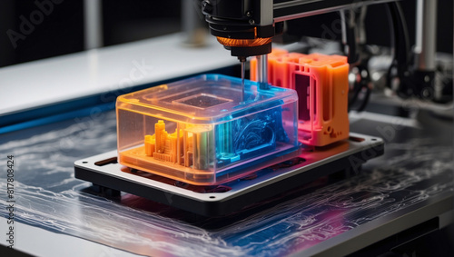 3D printer brings imagination to life, empowering creators around world. From intricate jewelry to functional prototypes. Close-up on table, 3D printer prints multi-colored plastic part