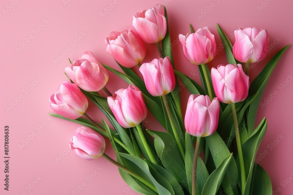 Beautiful bouquet of pink tulips on a matching pink background. Perfect for springtime or feminine concepts Beautiful bouquet of pink tulips on a matching pink background. Perfect for springtime or feminine concepts