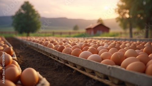Eggs sits on wooden crate against backdrop of stunning rural scenery, chicken egg-producing farm at sunset. Offering organic chicken eggs, this farm ensures the availability of fresh produce for sale
