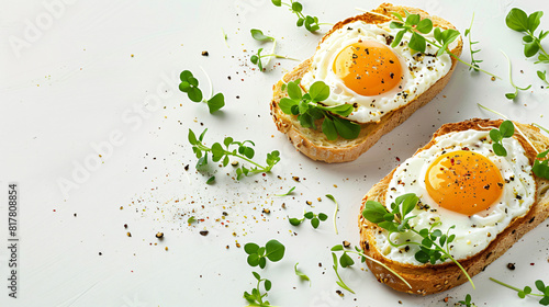 Tasty toasts with fried eggs and micro green on white