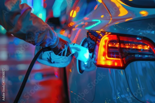 A person refueling a car at a gas station. Suitable for transportation concepts photo