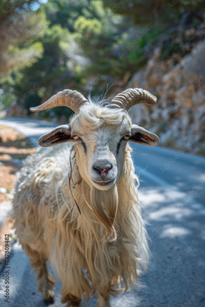 Fototapeta premium A goat standing on the side of a road. Suitable for various outdoor and rural themes