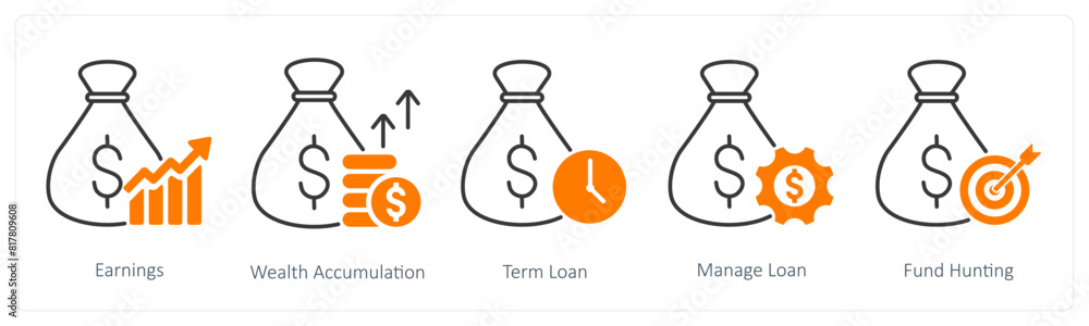 A set of 5 Banking icons as earnings, wealth accumulation, term loan A set of 5 Banking icons as earnings, wealth accumulation, term loan