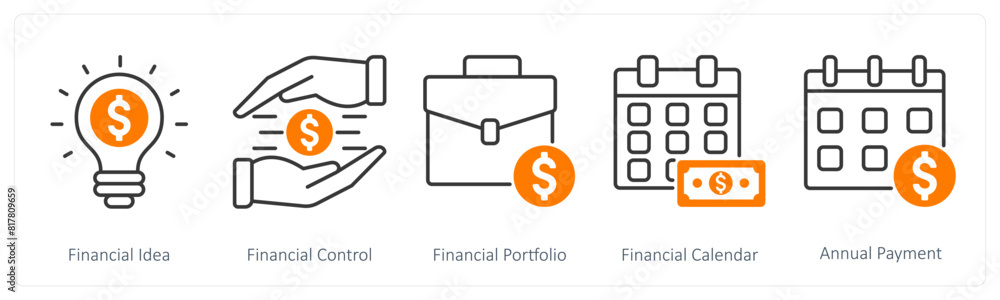 A set of 5 Banking icons as financial idea, financial control, financial portfolio A set of 5 Banking icons as financial idea, financial control, financial portfolio
