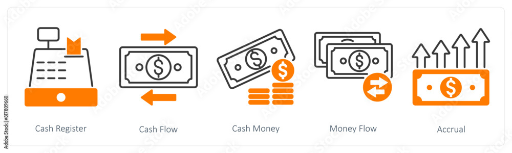 A set of 5 Banking icons as cash register, cash flow, cash money A set of 5 Banking icons as cash register, cash flow, cash money