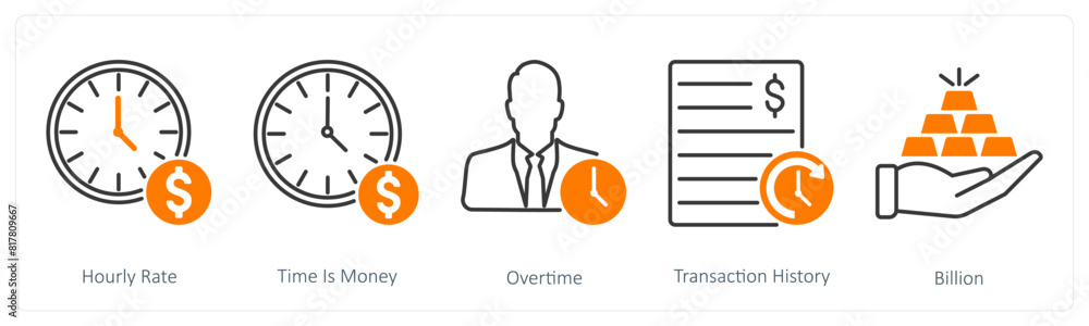 A set of 5 Banking icons as hourly rate, time is money, overtime A set of 5 Banking icons as hourly rate, time is money, overtime