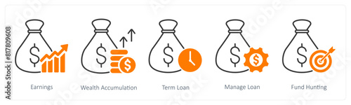 A set of 5 Banking icons as earnings, wealth accumulation, term loan