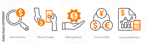 A set of 5 Banking icons as search money, money change, making money
