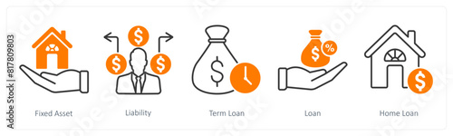A set of 5 Banking icons as fixed asset, liability, term loan