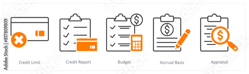 A set of 5 Banking icons as credit limit, credit report, budget photo