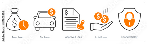 A set of 5 Banking icons as term loan, car loan, approved loan