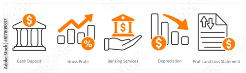 A set of 5 Banking icons as bank deposit, gross profit, banking services