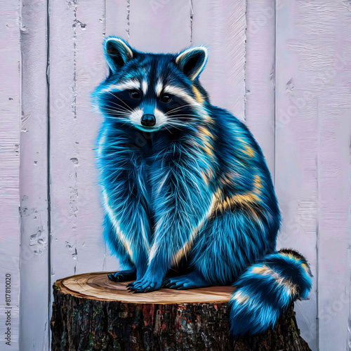 Unusual Blue-Furred Raccoon: A Charming Cartoon Illustration of a Distinctive Pet Sitting on a Tree Stump with Blue Yellow Paws and a Fluffy Tail in a Forestry Setting photo
