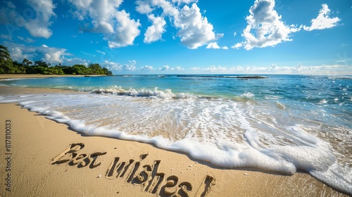 A picturesque beach scene with "Best wishes!" carved in large letters into the golden sand, waves gently lapping nearby 