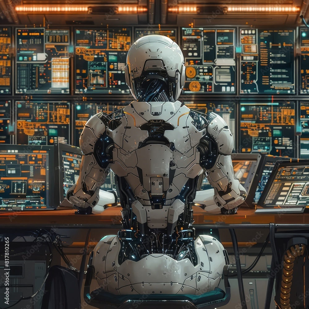 The robot is sitting in front of the control panel. It is wearing a white spacesuit with a black stripe down the middle. The control panel is full of buttons and lights. The robot is sitting in front of the control panel. It is wearing a white spacesuit with a black stripe down the middle. The control panel is full of buttons and lights.