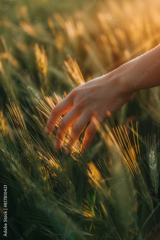 A hand reaching out towards a ripe wheat stalk in a vast field of crops A hand reaching out towards a ripe wheat stalk in a vast field of crops