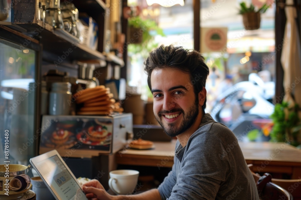 A man sitting at a table with a laptop. Suitable for business or technology concepts