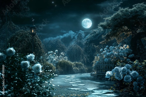 Enchanted nighttime garden with full moon photo