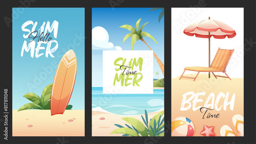Summer posters Hello summer, Summer time, Hello beach. Vector illustration with surfboard, beach chair and umbrella, sea landscape