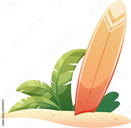 Surfboard in sand on backdrop of tropical bushes. Vector  illustration, hello summer