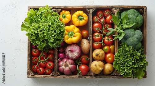 A wooden crate filled with colorful vegetables and fruits