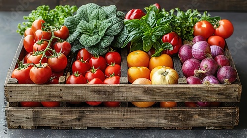 A crate of fresh vegetables, including tomatoes, peppers, onions, and lettuce. The vegetables are arranged in a visually appealing way. © K-MookPan