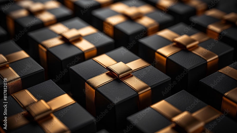 Arrange black boxes with golden ribbons on a black box Arrange black boxes with golden ribbons on a black box