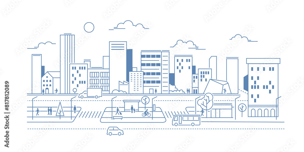 City landscape with buildings. Outline graphic. City landscape with buildings. Outline graphic.