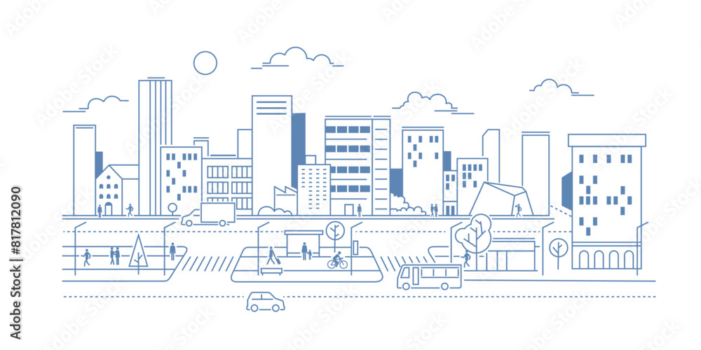 City landscape with buildings. Outline graphic. City landscape with buildings. Outline graphic.