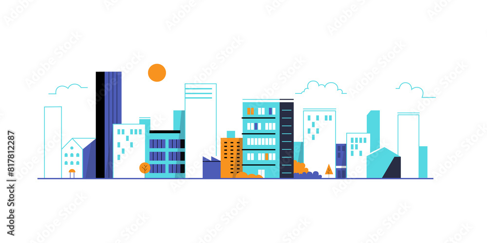 City landscape with buildings. Outline graphic.