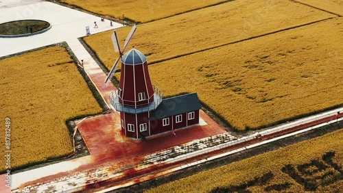 Aerial photography of windmills in wheat fields at Sanjiangkou, Tongjiang City, Heilongjiang Province photo