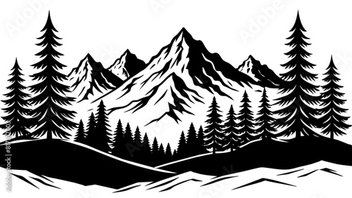 A black and white silhouette of a mountainous landscape with tall pine trees in the foreground and majestic mountains in the background