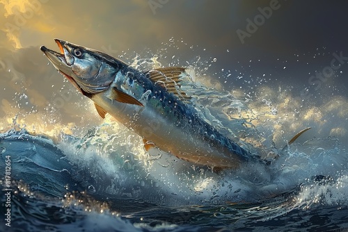 Swordfish leaping out of the ocean, ideal for seafood restaurant promotions. 