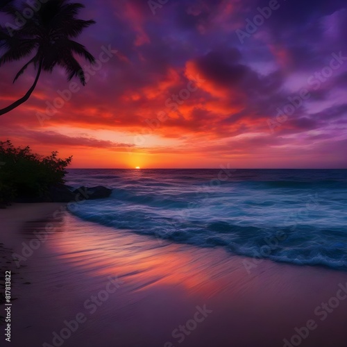 Sunset or sunrise landscape, panorama of beautiful nature, beach with colorful red, orange and purple clouds reflected in the ocean water
