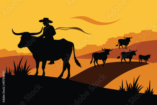 A vector silhouette of a working ranch cowboy herding texas longhorn cows down a hill design