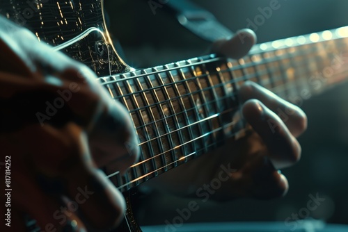 musician's hand pressing chords on an electric guitar photo
