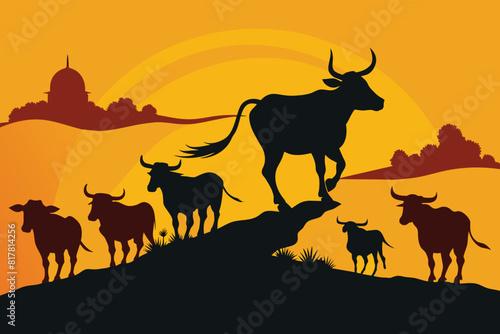 A vector silhouette of a working ranch cowboy herding texas longhorn cows down a hill design © mobarok8888